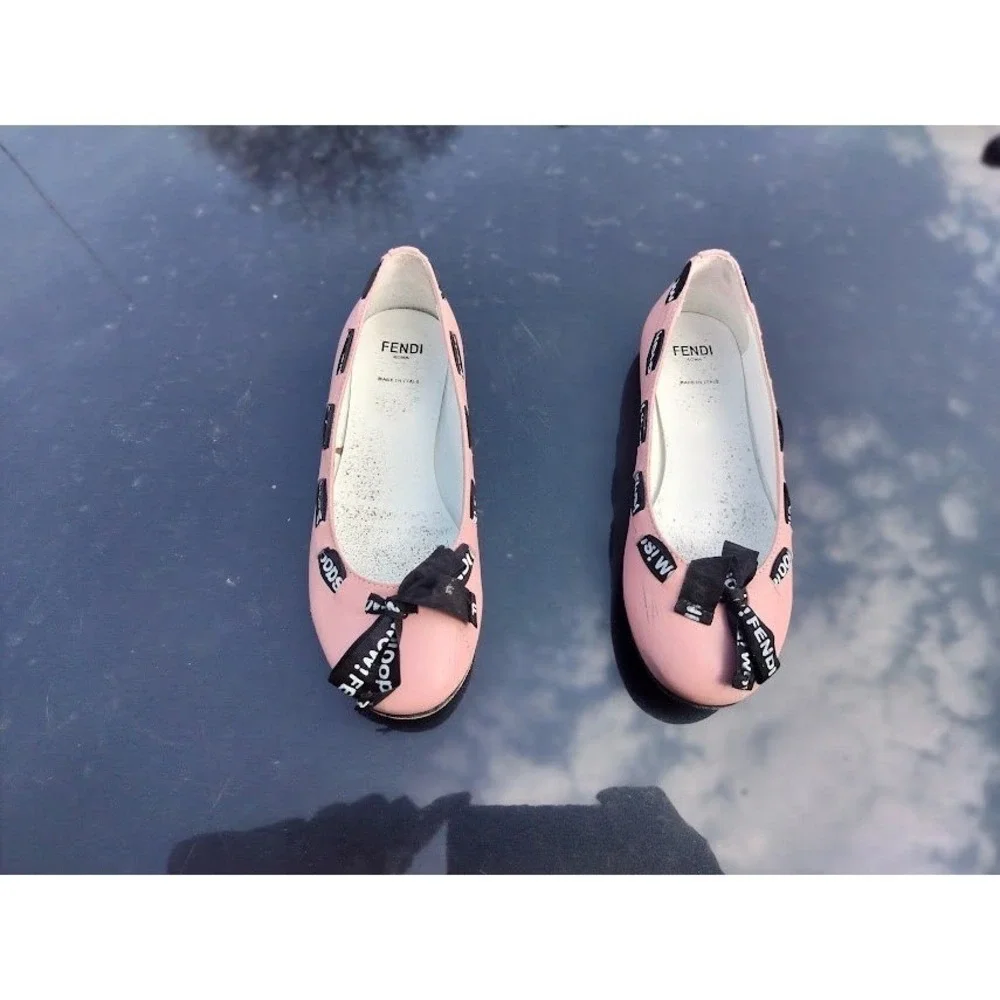 Fendi Roma Pink Leather Ballet Flats Logo Ribbon Bow Shoes Made in Italy Size 2 - Picture 8 of 9